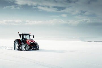 A Single Tractor Stands Out Against a Snow-Covered Field in a Stark Landscape