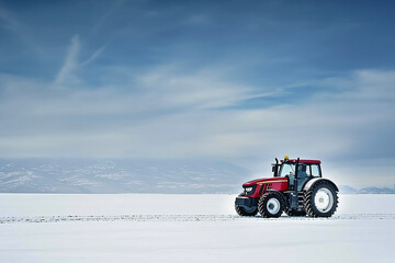 A Single Tractor Stands Out Against a Snow-Covered Field in a Stark Landscape