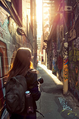 Depict a young woman with a backpack and a camera exploring a narrow alleyway in a bustling city....