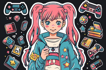 Anime girl gamer with colorful video game accessories