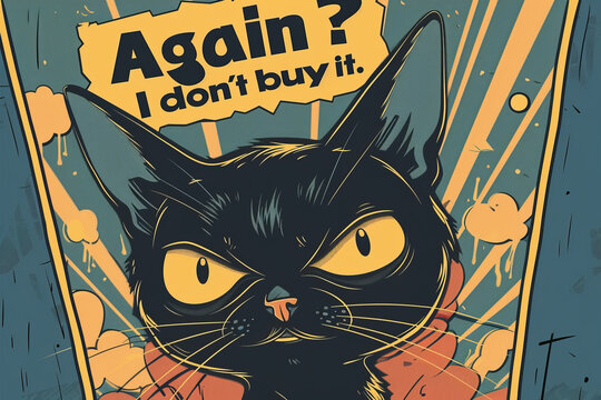 Cartoon black cat with skeptical expression and comic speech. Again, I don't buy it