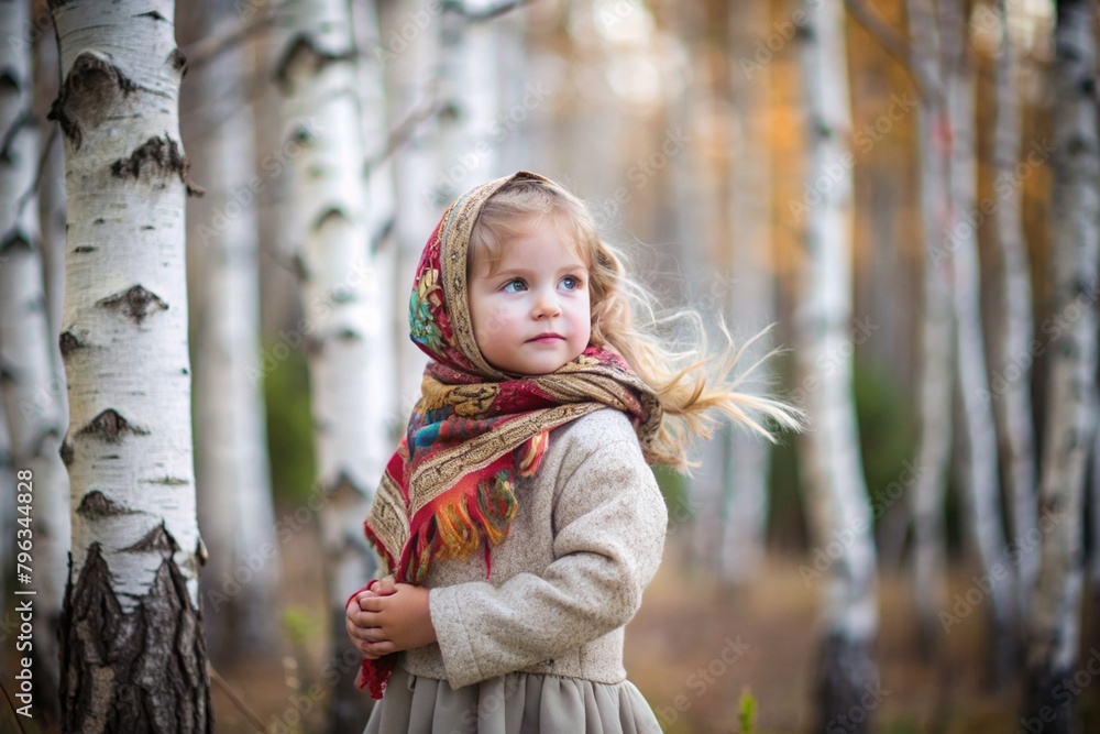 Wall mural Russian folk traditions. Russian flavor. A cute little girl in a national Russian dress and headscarf in a beautiful birch grove. Portrait of a beautiful girl in a birch forest.