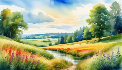 Idyllic watercolor landscape of serene river with wildflowers and lush trees under a soft sunset sky, ideal for nature-themed artwork and spring season greetings