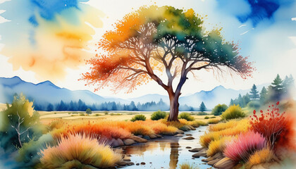 Watercolor landscape painting of a vibrant autumnal tree by a serene stream with mountains in the background, ideal for fall season and Thanksgiving themes