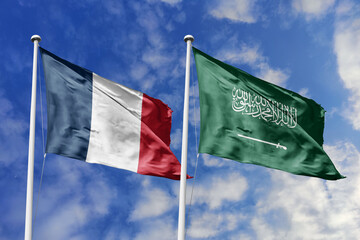 3d illustration. France and Saudi Arabia Flag waving in sky. High detailed waving flag. 3D render. Waving in sky. Flags fluttered in the cloudy sky.
