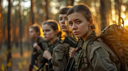 Fototapeta premium Diverse Female Soldiers Standing in Formation in a Forest Setting. Generative ai