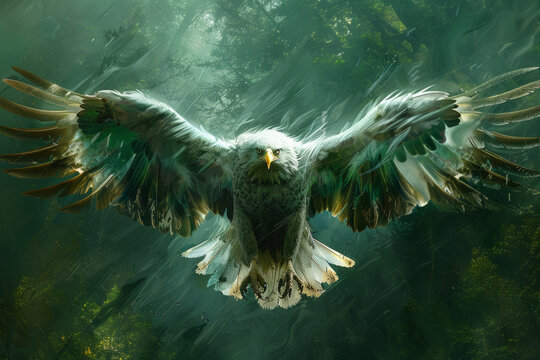 Majestic white eagle soaring through misty forest