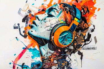 Music and avant garde, portrait of a person with headphones surrounded by colorful details