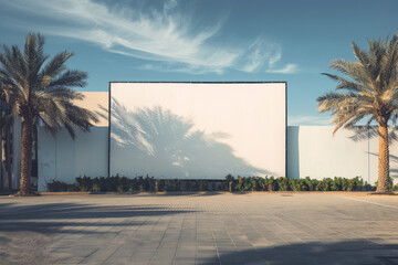 Large outdoor screen on a plaza surrounded by palm trees
