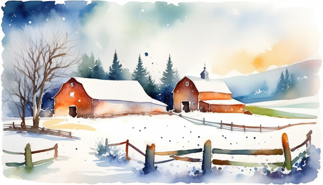 Idyllic watercolor winter landscape with snow-covered barns and pine trees, suitable for Christmas and seasonal holiday backgrounds