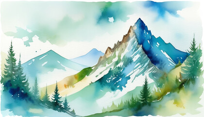 Watercolor landscape painting of serene mountain peaks with evergreen trees, ideal for travel themes, nature backgrounds, and environmental conservation concepts - obrazy, fototapety, plakaty