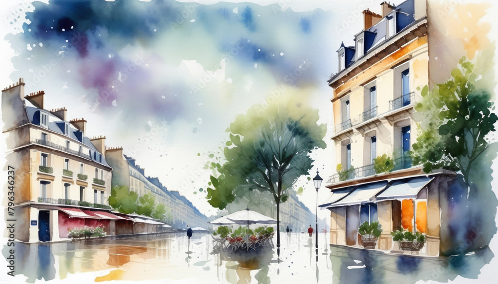 Poster Watercolor illustration of a charming Parisian street scene with classic architecture and a sidewalk cafe, ideal for travel and European culture themes