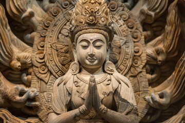 Fototapeta na wymiar A statue of a Buddha with a hand raised in a prayer pose