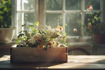 Sunlit wooden box filled with colorful wildflowers