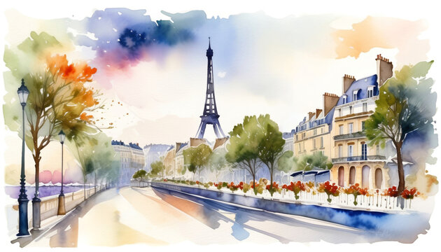 Watercolor illustration of a picturesque Parisian street with the Eiffel Tower in the backdrop, perfect for Bastille Day and travel themes