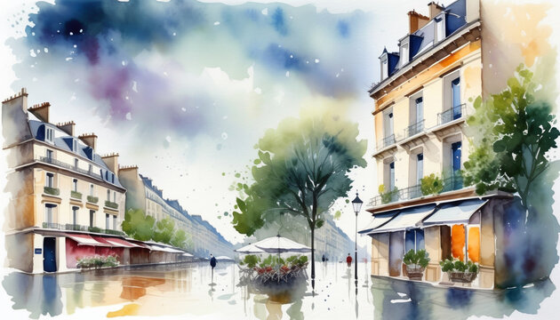 Watercolor illustration of a charming Parisian street scene with classic architecture and a sidewalk cafe, ideal for travel and European culture themes