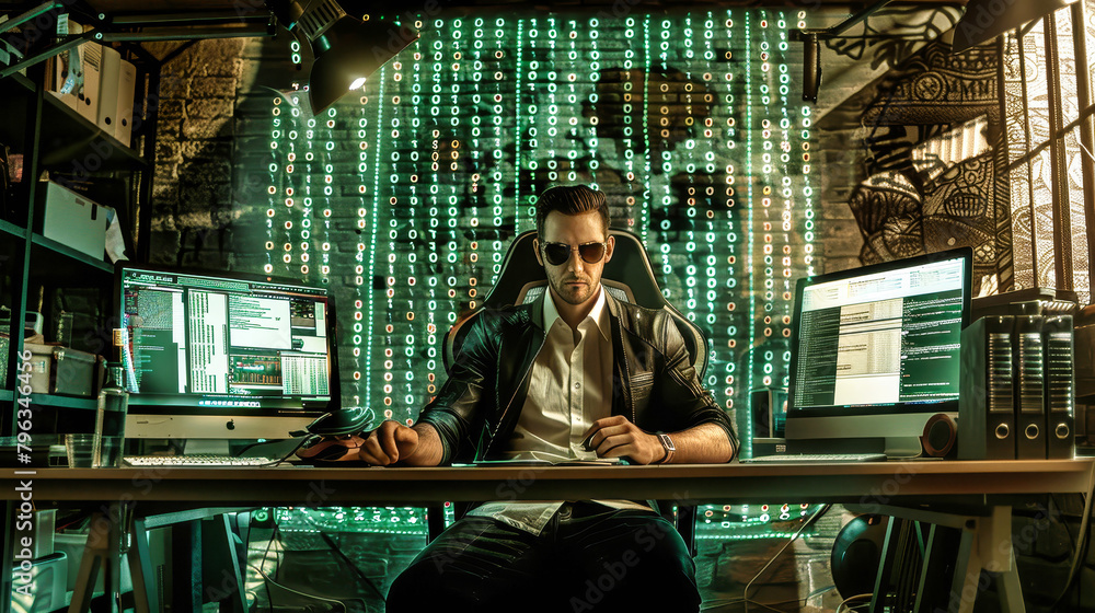 Poster a man immersed in concentration, sitting at a desk in front of a keyboard, working on a computer scr