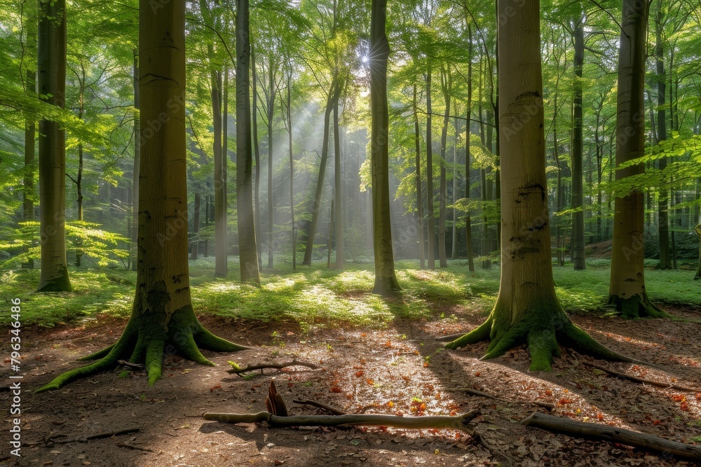 Poster sunlight filtering through dense green forest canopy, creating a stunning natural display
