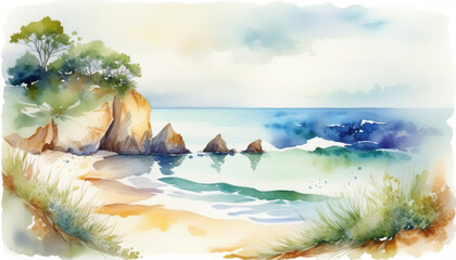 Tranquil seaside watercolor landscape, perfect for travel themes, summer vacation promotions, and World Oceans Day creative projects, depicting serenity and natural beauty
