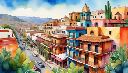 Colorful illustration of a bustling Latin American street with traditional architecture, perfect for travel blogs and cultural festivals promotions