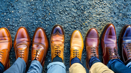 A group of people in brown business shoes stand together in an orderly fashion, showcasing a sense of unity and sophistication