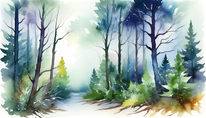 Watercolor winter forest scene with diverse trees and soft light, ideal for Christmas and New Year themes or tranquil nature backgrounds