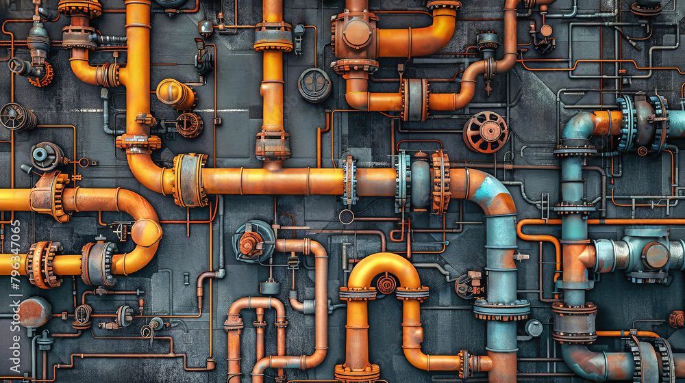 Poster a variety of pipes of different shapes and sizes arranged on a wall, creating a visually interesting