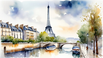 Watercolor illustration of a serene Parisian scene featuring the Eiffel Tower, Seine River with bridge and boat, ideal for travel and Bastille Day themes - obrazy, fototapety, plakaty