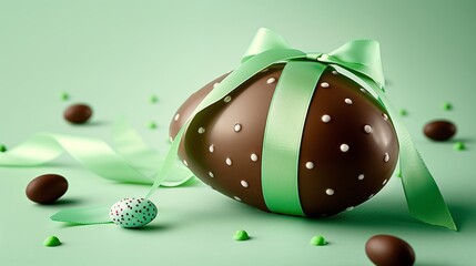 A chocolate Easter egg with green ribbon with white polka dots on a green background.
