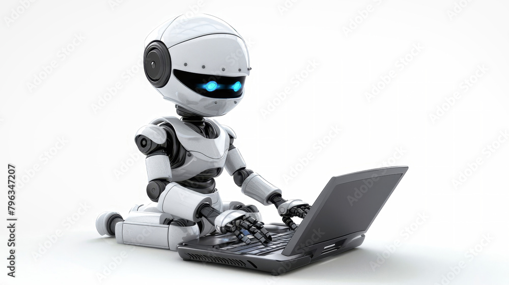 Poster a futuristic robot companion sitting on a laptop computer, assisting with artificial intelligence ta