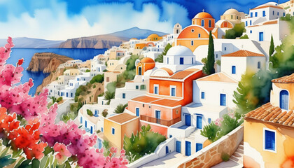 Naklejka premium Vibrant watercolor illustration of a Greek island village with white houses and blue domes, ideal for travel, tourism, and Mediterranean culture themes