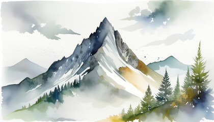 Watercolor landscape painting of a serene mountain range with evergreen trees, suitable for travel themes and International Mountain Day