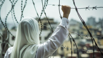 A woman draped in a white veil stands defiantly, holding a barbed wire fence as a symbol of protest and resistance