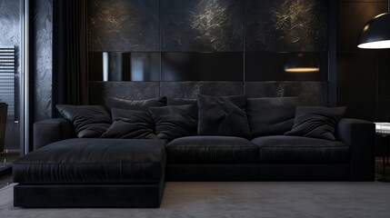 Black sofa in black interior Living room