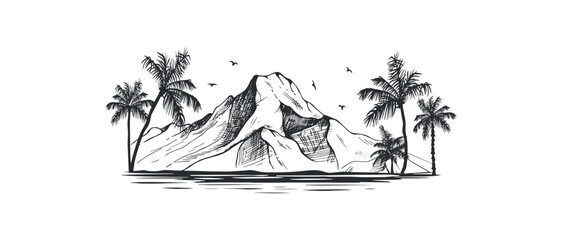 palm trees landscape with ocean and gram vector sketch/ palm trees beach with mountains vector drawing