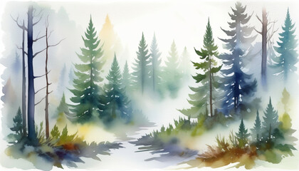 Misty evergreen forest watercolor illustration, ideal for eco-tourism promotion or conveying concepts of nature and tranquility Related to: Earth Day, environmental awareness