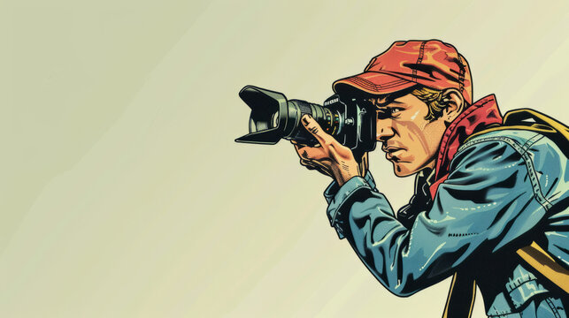 Illustration of a focused cameraman in casual attire taking photos