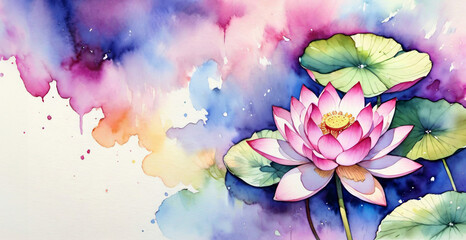 Vibrant watercolor painting of a blooming lotus flower with lush leaves, symbolizing purity and enlightenment, ideal for Vesak and meditation themes