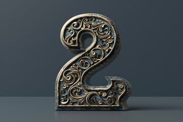 Ornate number two sculpture on a solid gray background
