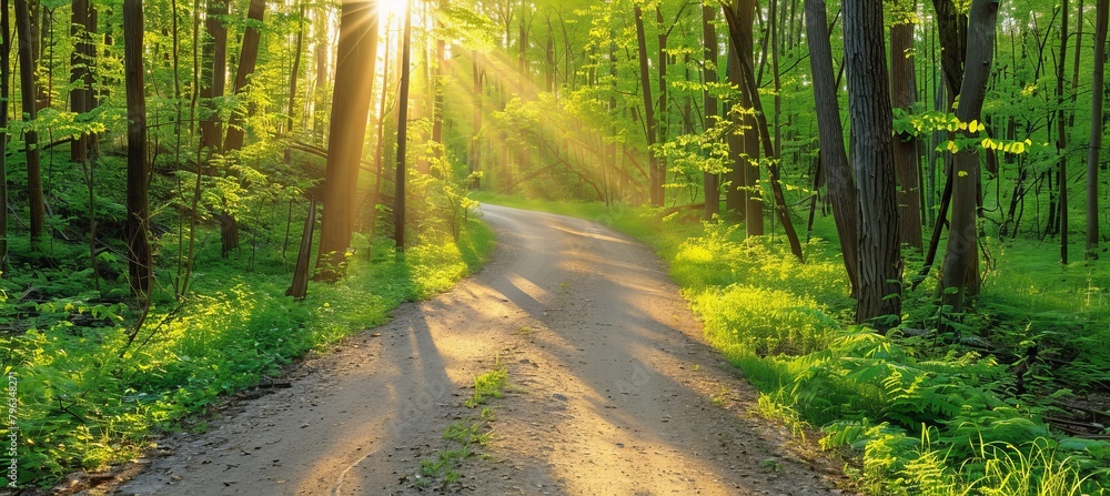 Poster vibrant green forest with sunlight filtering through, creating beautiful rays of light