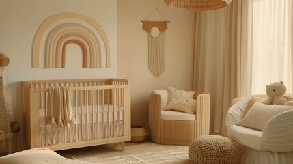 sad beige mom concept baby nursery all in beige colors, beige rainbow on the wall, minimalist