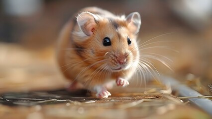 The endearing sight of a hamster running in a wheel. Concept Pet care, Exercise for pets, Hamster behavior, Small animal activities, Keeping hamsters active