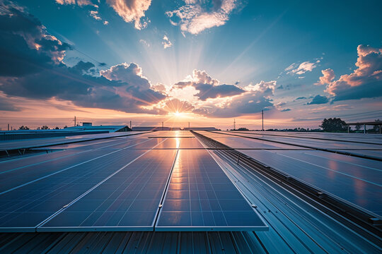 Sunlight shining down on a warehouse rooftop equipped with solar panels, supporting renewable energy initiatives.