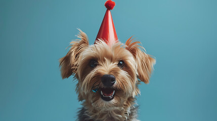 Cute dog celebrating with red party hat and blowout on blue background - obrazy, fototapety, plakaty