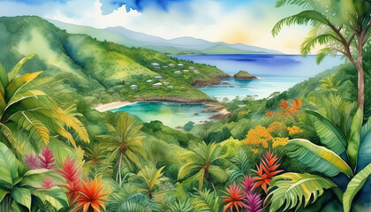 Vibrant tropical landscape painting with lush foliage and serene beach, ideal for travel themes, summer vacations, and Earth Day promotions
