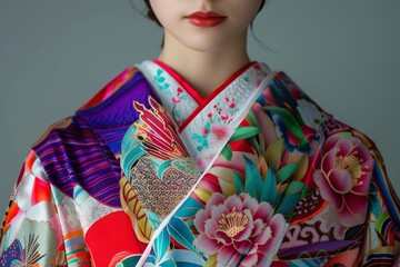 A woman wearing a kimono with a trim and a colorful flower design