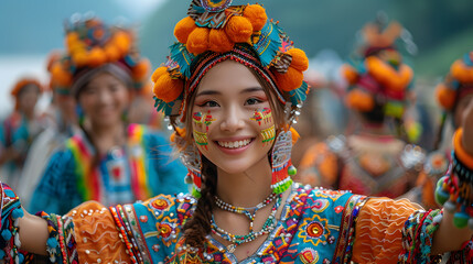 Colorful Celebration, Portrait of Beautiful Asia Woman Smiling and dancing at Caravan Festive Parade in Local Dance and Cloth Festival. Diverse Cultural Joy. Embracing Diversity.