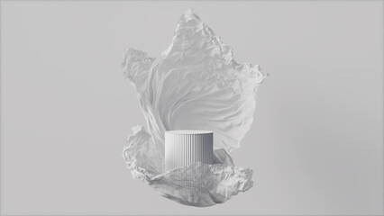 3D podium display gray background. Luxury flying white cloth in motion. Glamour minimal pedestal for beauty, cosmetic product presentation. Feminine curtain, copy space template, studio 3d render