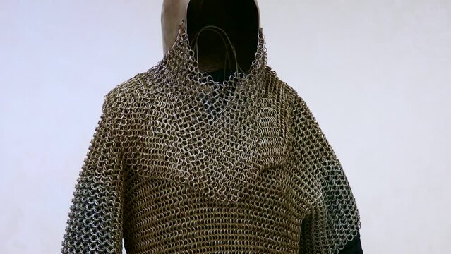 Handmade iron chainmail armor of medieval period. Details of armor chain texture.