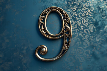 Elegant number nine on textured blue background